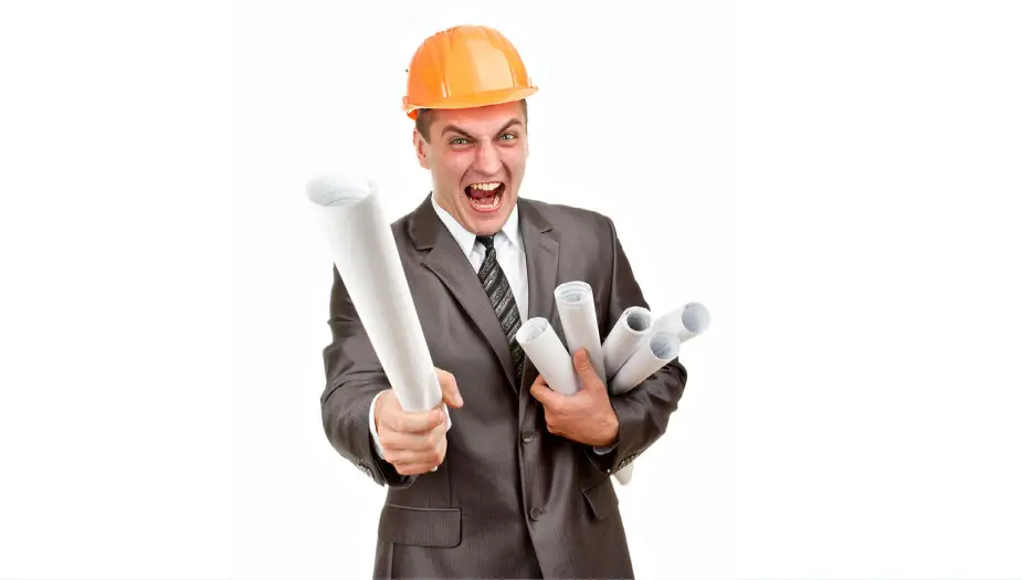 Busy man wearing hard hat showing his supervisor strengths and weaknesses
